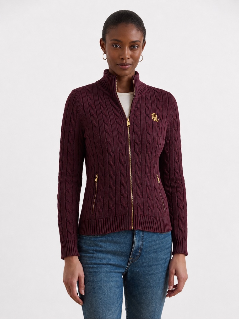 Lauren Ralph Lauren Women Cardigan Cable Knit Full Zip Sweater Burgundy XXL